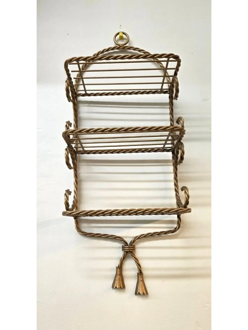 Vintage 3 Tier Twisted Rope Gold Tone Metal Wall Shelf Hollywood Regency Style